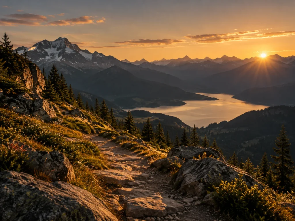 Paisaje de montaña iluminado al amanecer