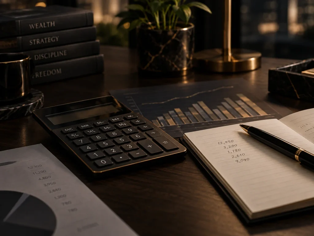 Calculadora y gráficos financieros sobre una mesa