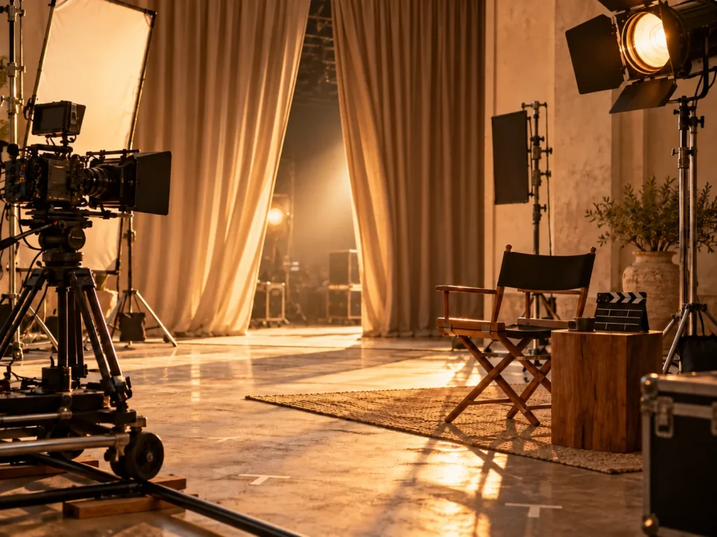 Platò cinematogràfic amb cortines daurades